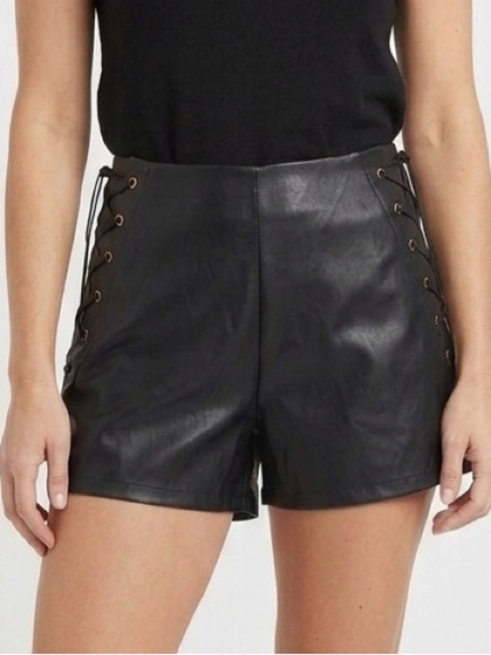 JOLIE & JOY BY FCT WITH LOVE New Black Faux Leather High Rise Shorts Lace Up XL